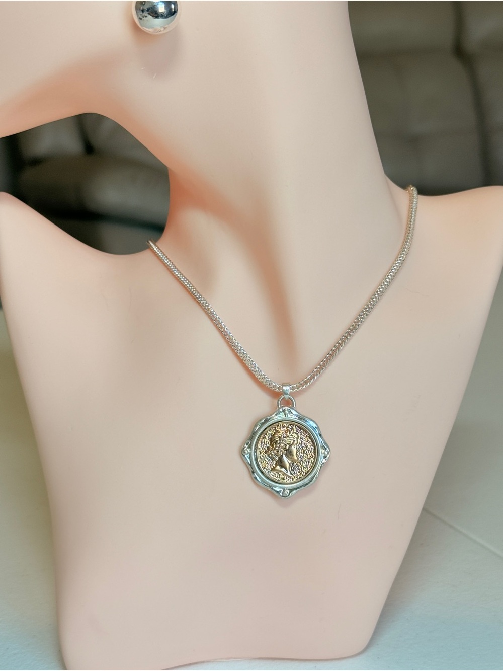 Silver-Tone Medallion Necklace with Gold Accent